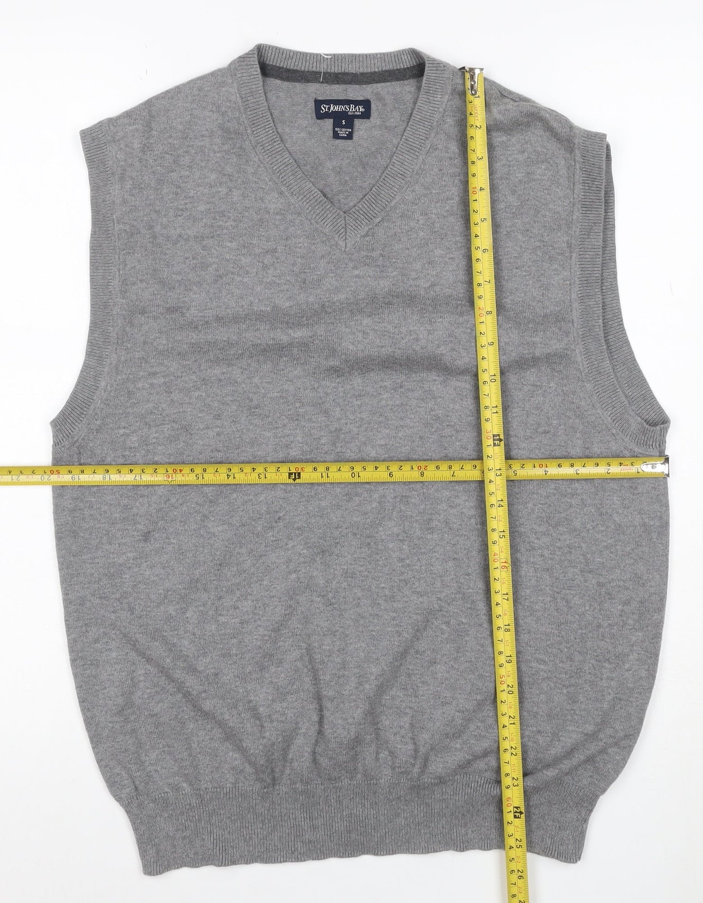 St. John's Bay Men Grey Cotton V-Neck Knit Vest Jumper Size S