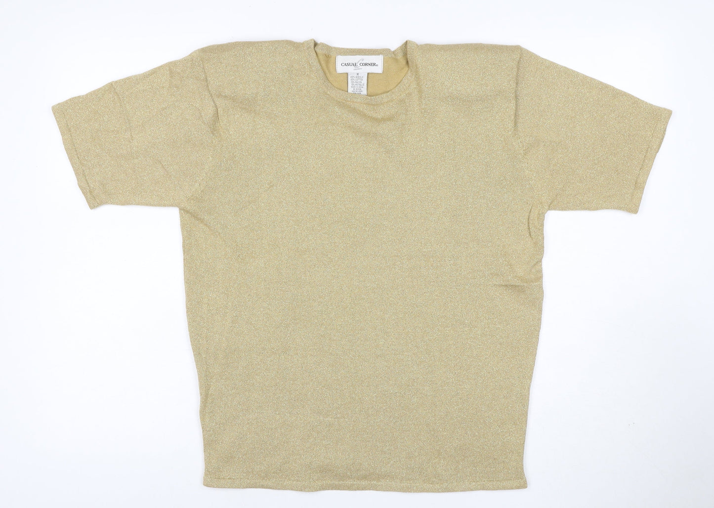 Casual Corner Women Gold Metallic Knit Top M Short Sleeve Crew Neck