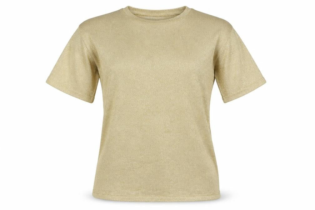Casual Corner Women Gold Metallic Knit Top M Short Sleeve Crew Neck
