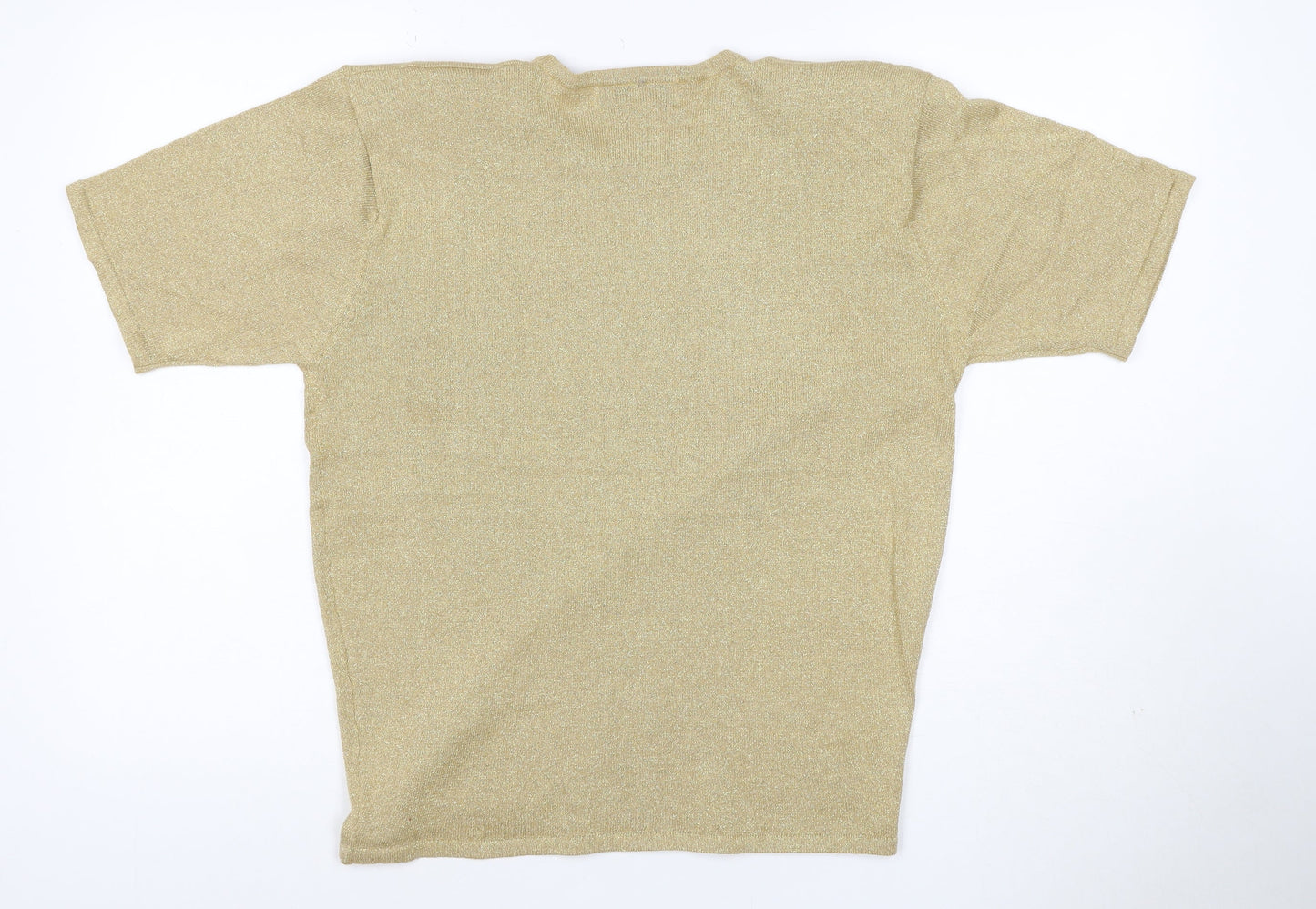 Casual Corner Women Gold Metallic Knit Top M Short Sleeve Crew Neck