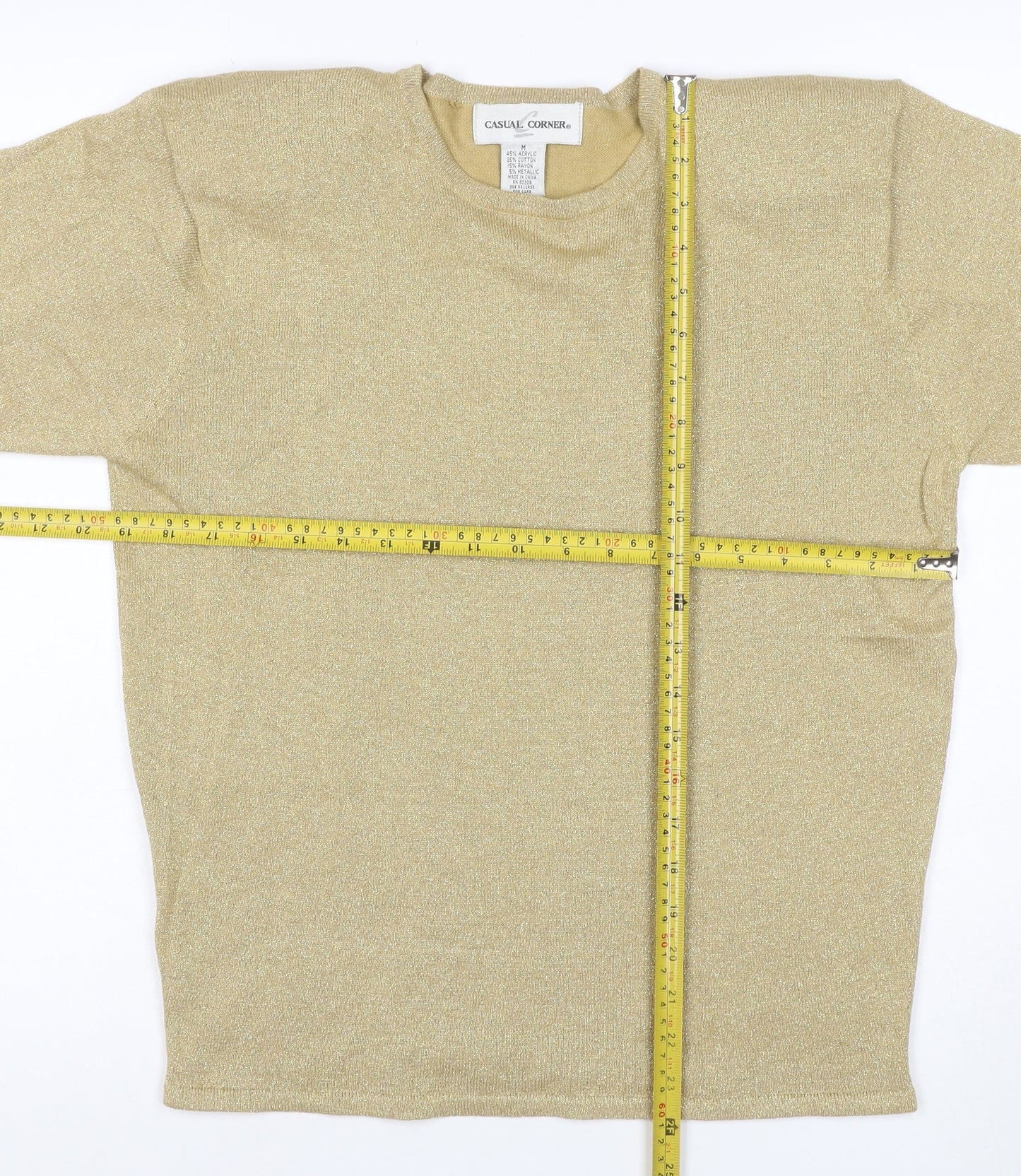 Casual Corner Women Gold Metallic Knit Top M Short Sleeve Crew Neck