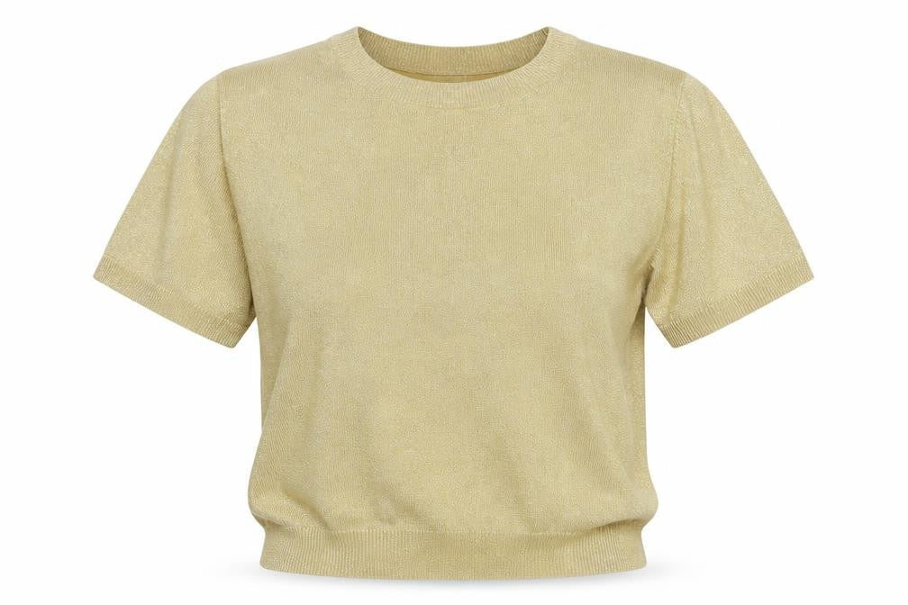 Crystal-Kobe Women Gold S Metallic Knit Short Sleeve Crew Neck Top