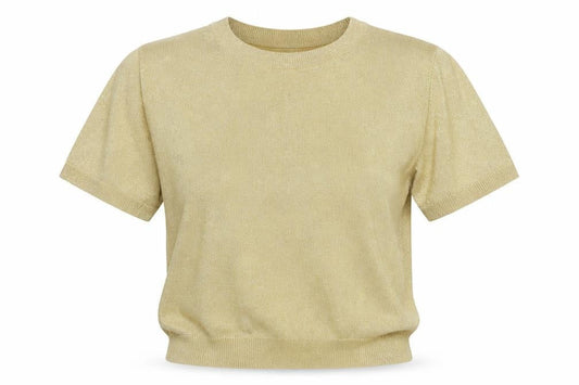 Crystal-Kobe Women Gold S Metallic Knit Short Sleeve Crew Neck Top