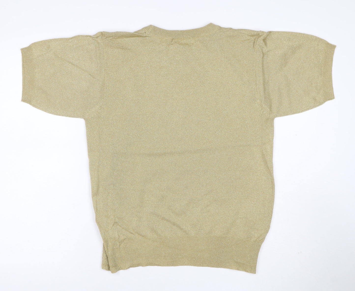 Crystal-Kobe Women Gold S Metallic Knit Short Sleeve Crew Neck Top