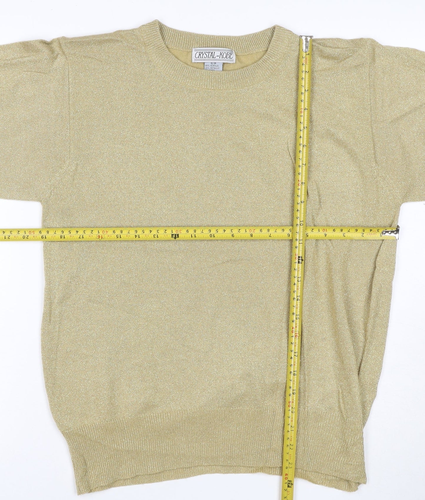 Crystal-Kobe Women Gold S Metallic Knit Short Sleeve Crew Neck Top