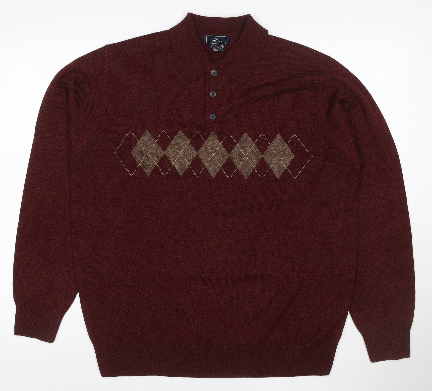 Dockers Men’s Brown L Argyle Collared Henley Knit Jumper