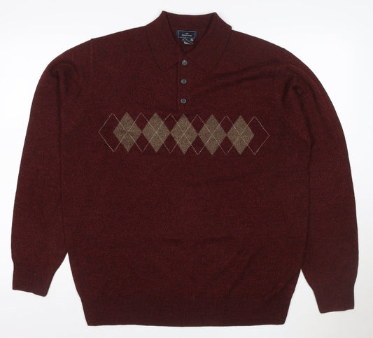 Dockers Men’s Brown L Argyle Collared Henley Knit Jumper