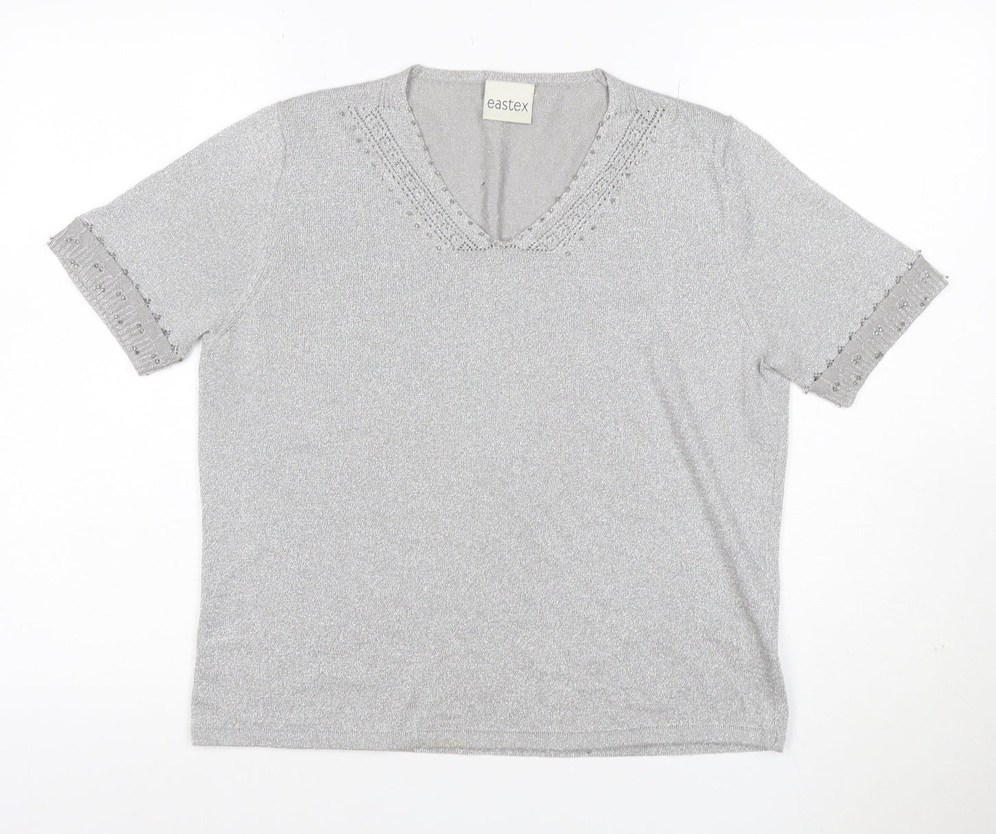 Eastex Women's Silver UK 14 V-Neck Beaded Metallic Knit T-Shirt