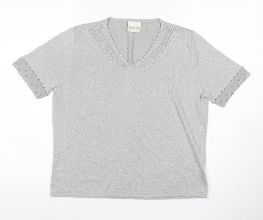 Eastex Women's Silver UK 14 V-Neck Beaded Metallic Knit T-Shirt