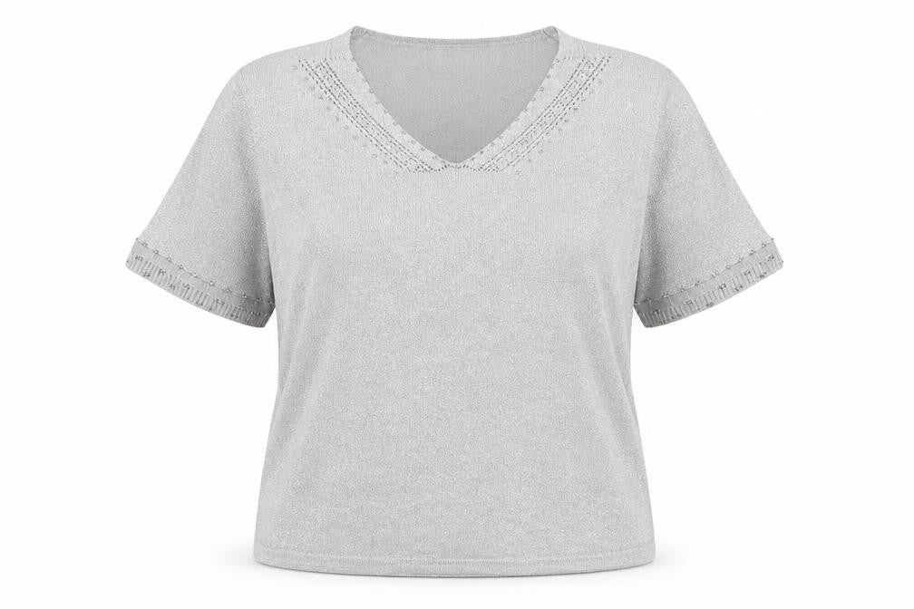 Eastex Women's Silver UK 14 V-Neck Beaded Metallic Knit T-Shirt