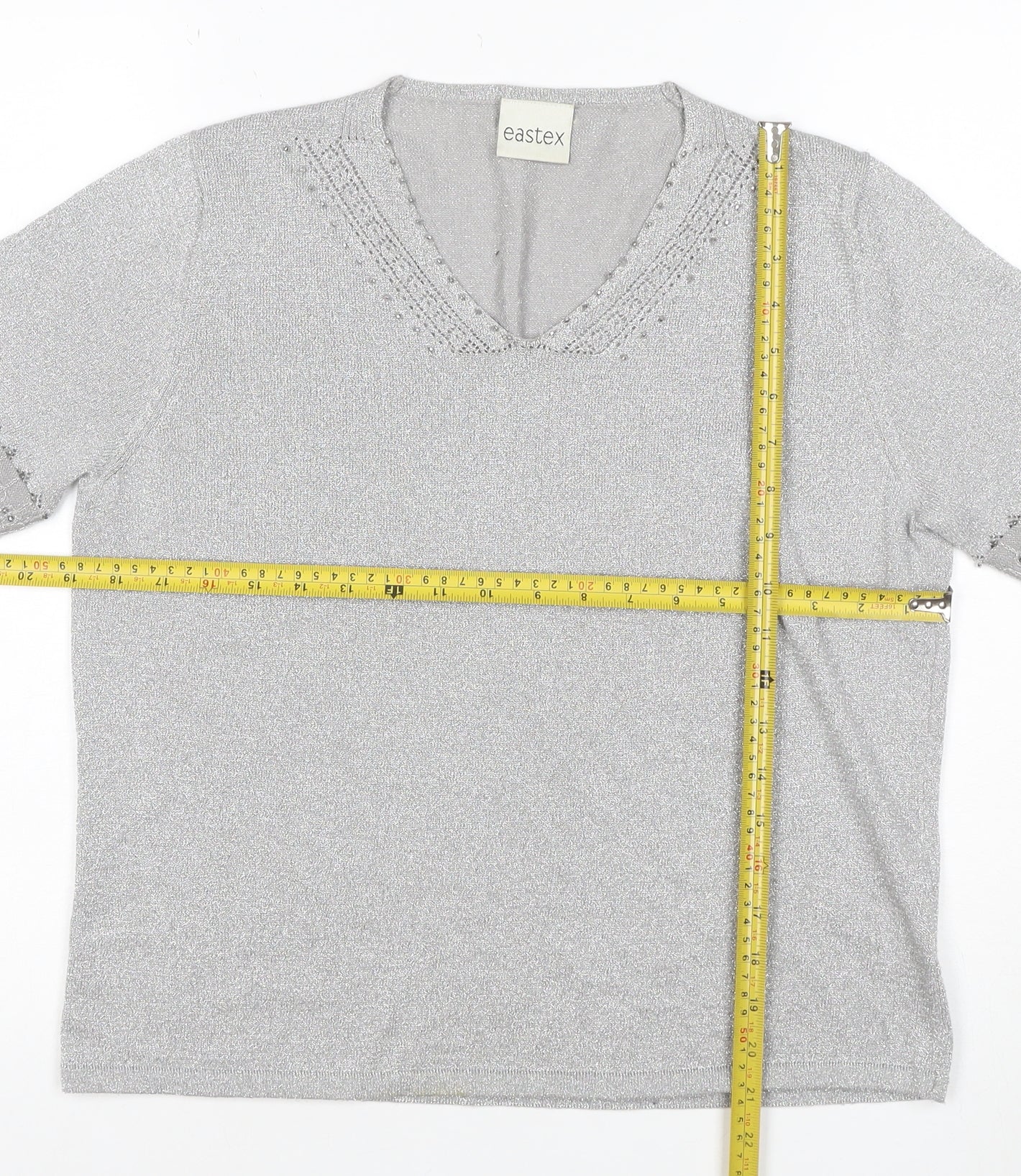 Eastex Women's Silver UK 14 V-Neck Beaded Metallic Knit T-Shirt