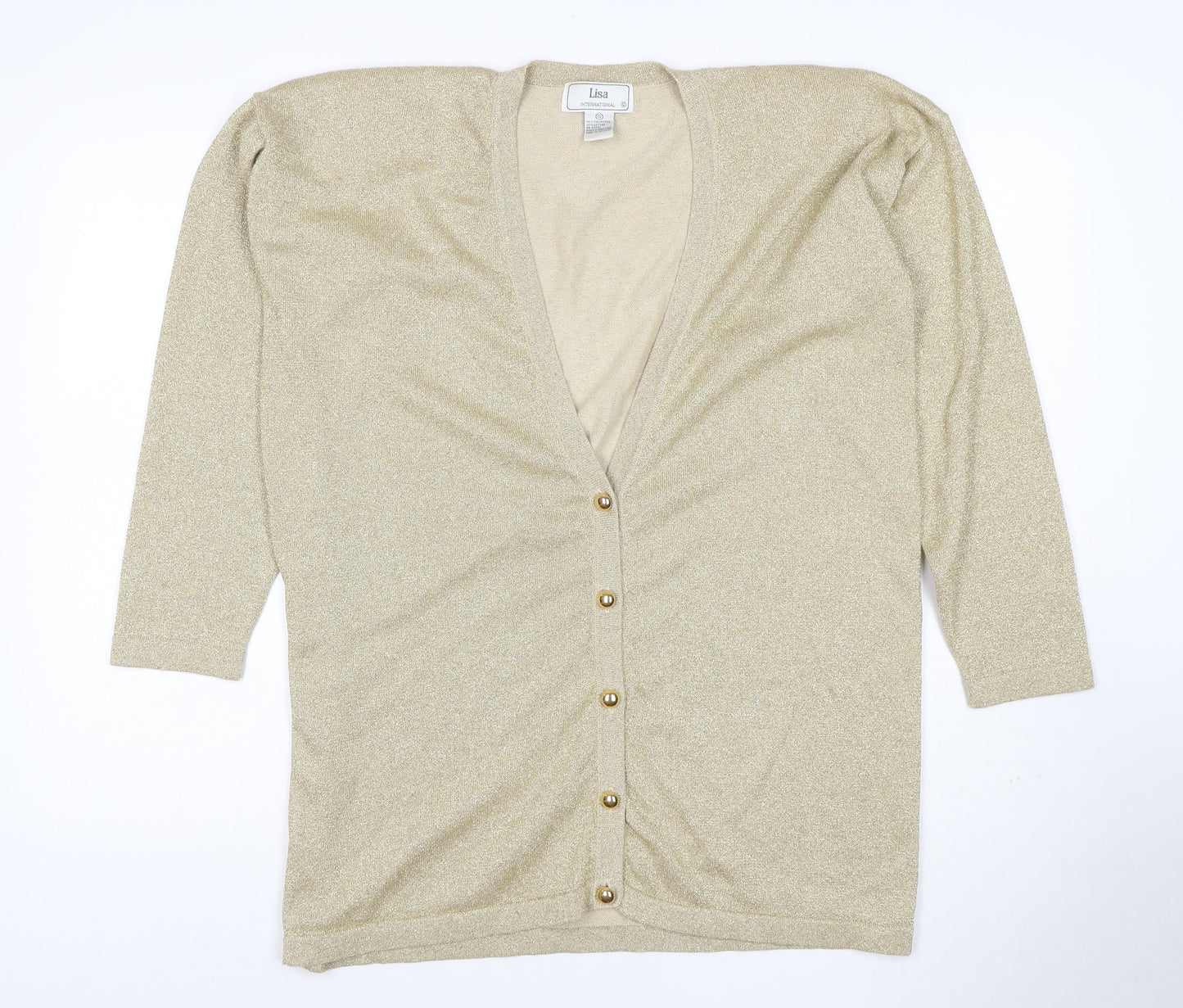 Lisa International Women’s Gold Knit V-Neck Button Cardigan Size S