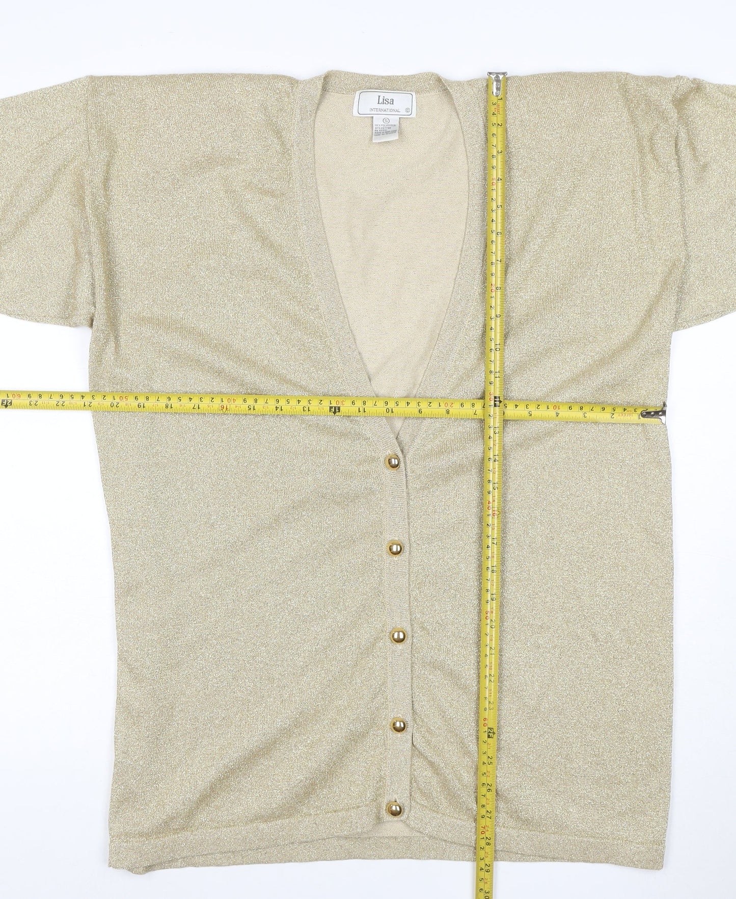 Lisa International Women’s Gold Knit V-Neck Button Cardigan Size S