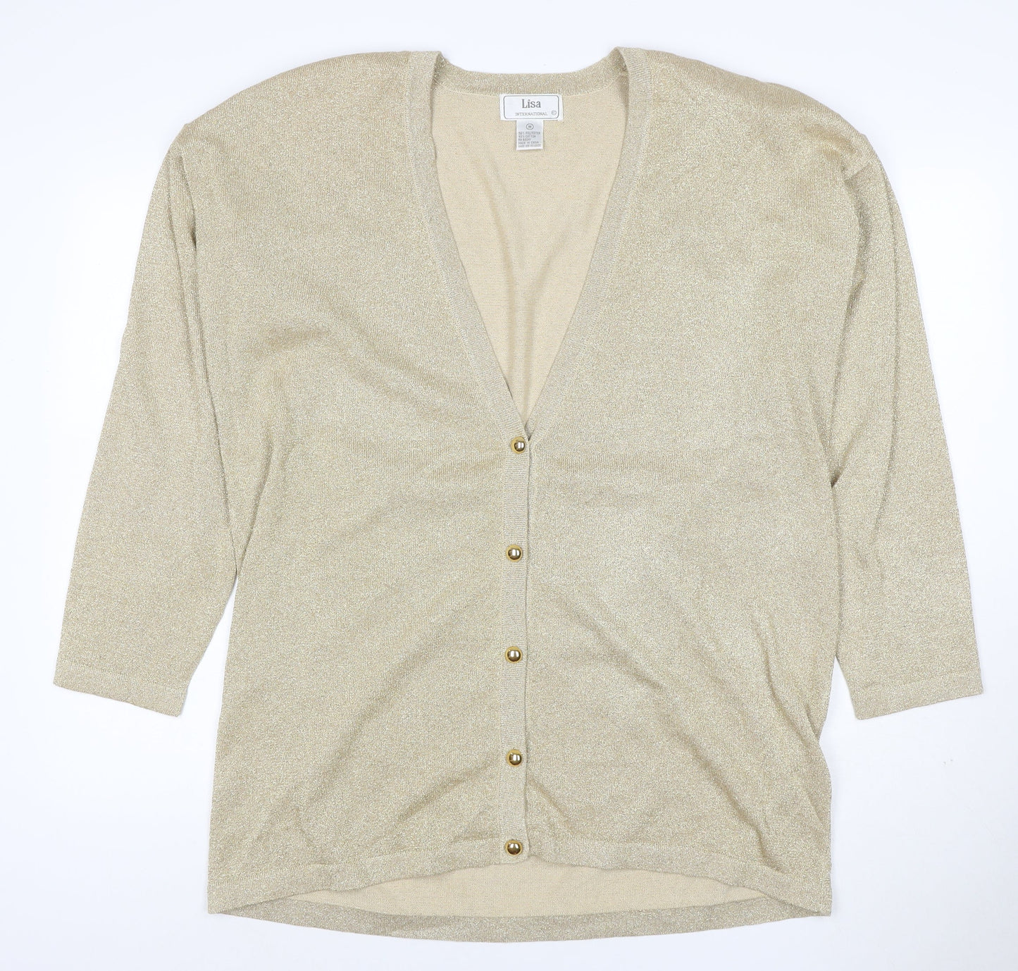 Lisa International Women Gold M V-Neck Button Knit Cardigan
