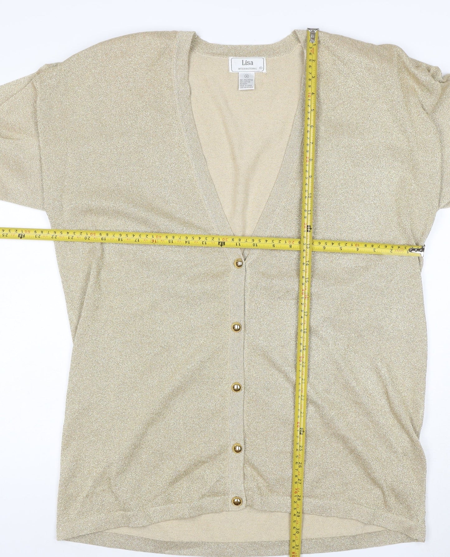 Lisa International Women Gold M V-Neck Button Knit Cardigan