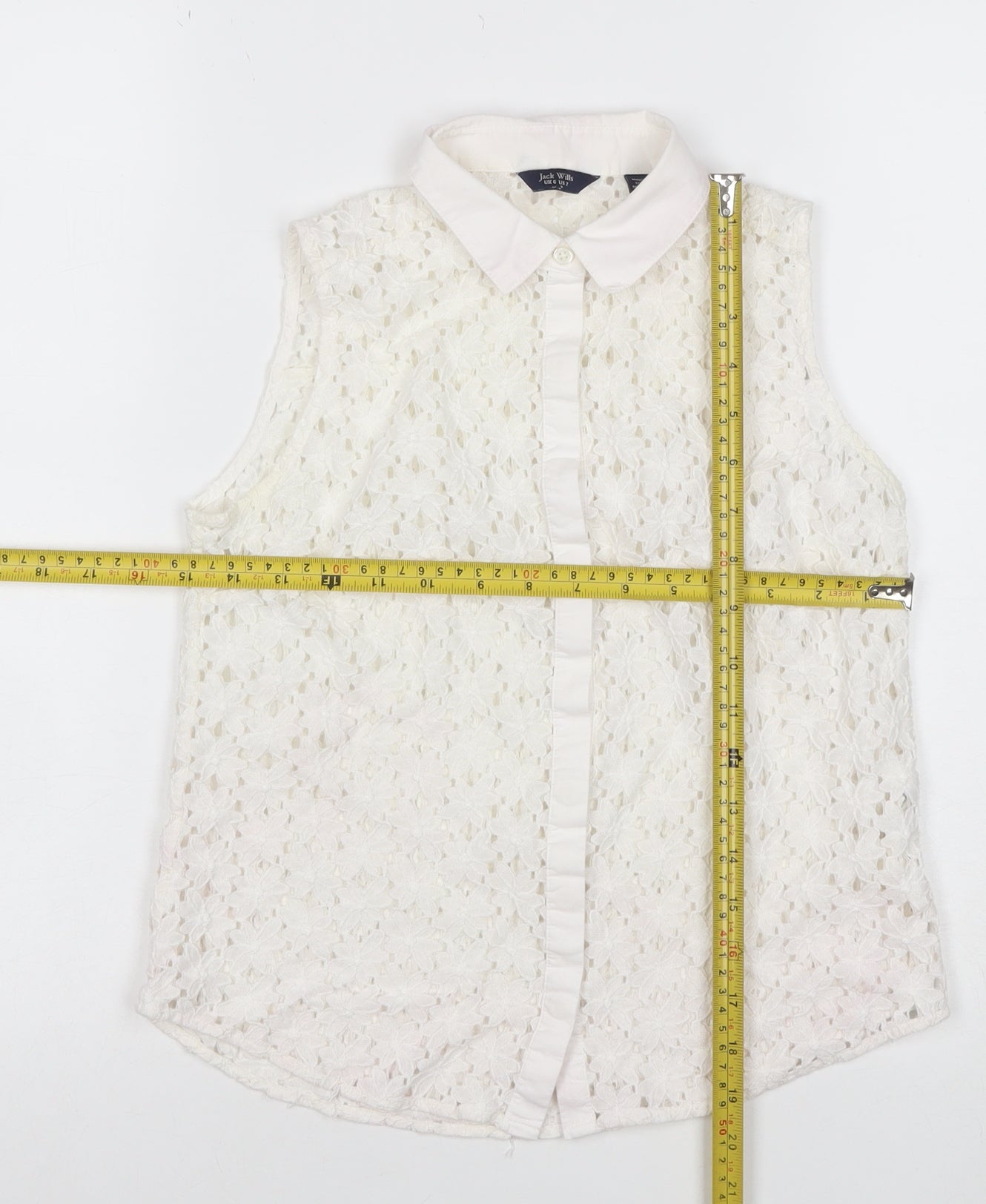 Jack Wills Women Ivory UK 6 Sleeveless Lace Floral Collared Button Blouse