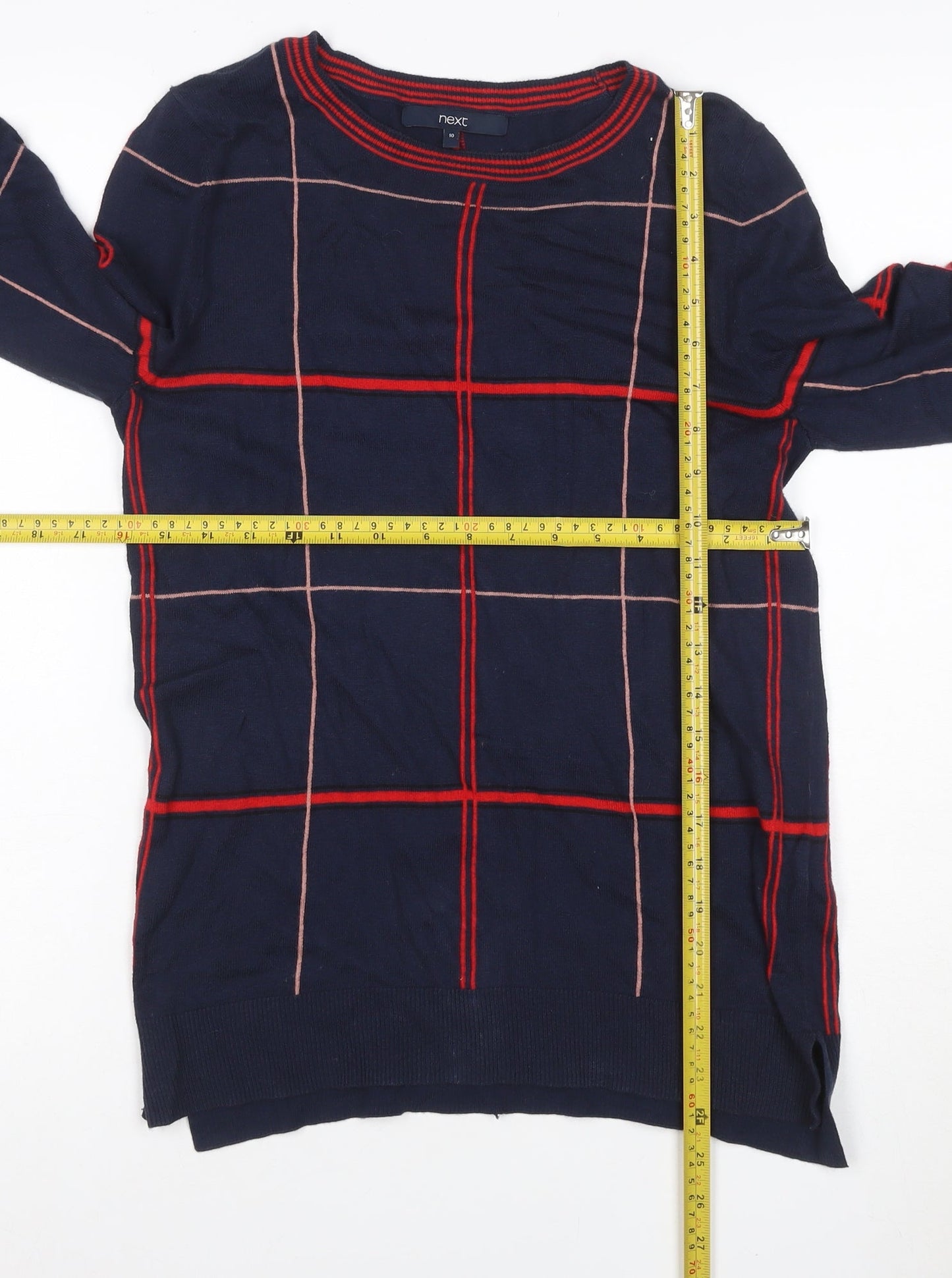 Next Women Blue UK 10 Check Knit Tunic Balloon Sleeve Top