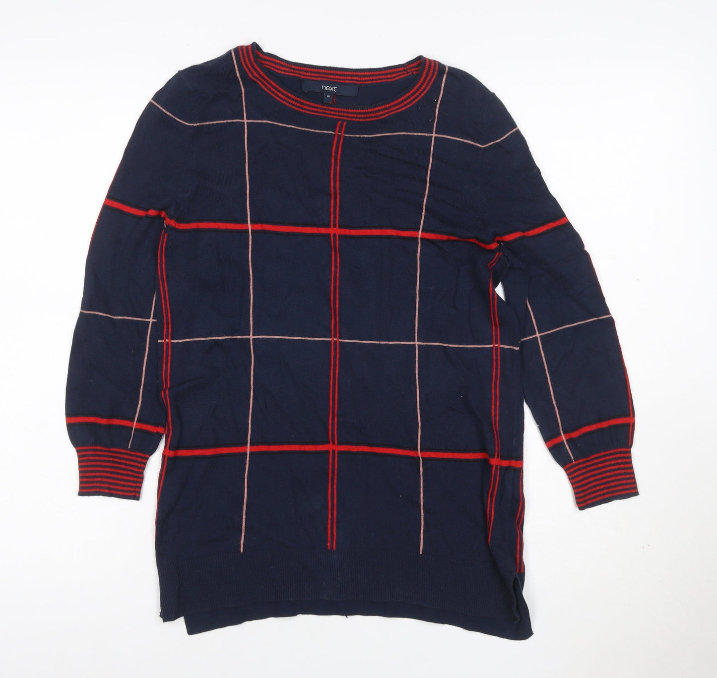 Next Women Blue UK 10 Check Knit Tunic Balloon Sleeve Top