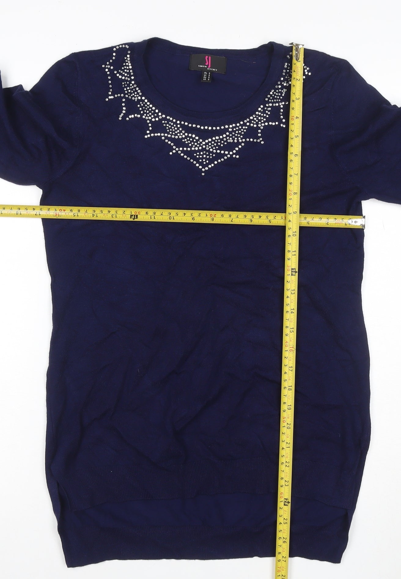 Simon Jeffery Women’s Blue S Rhinestone Knit Tunic Long Sleeve Top