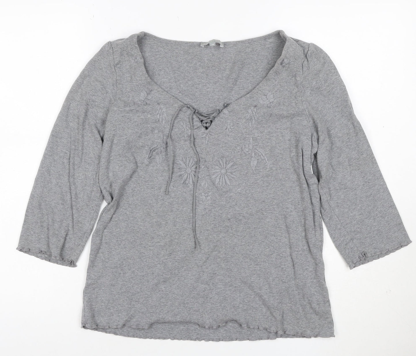 Per Una Women Grey UK 18 Embroidered Floral Lace-Up 3/4 Sleeve Blouse