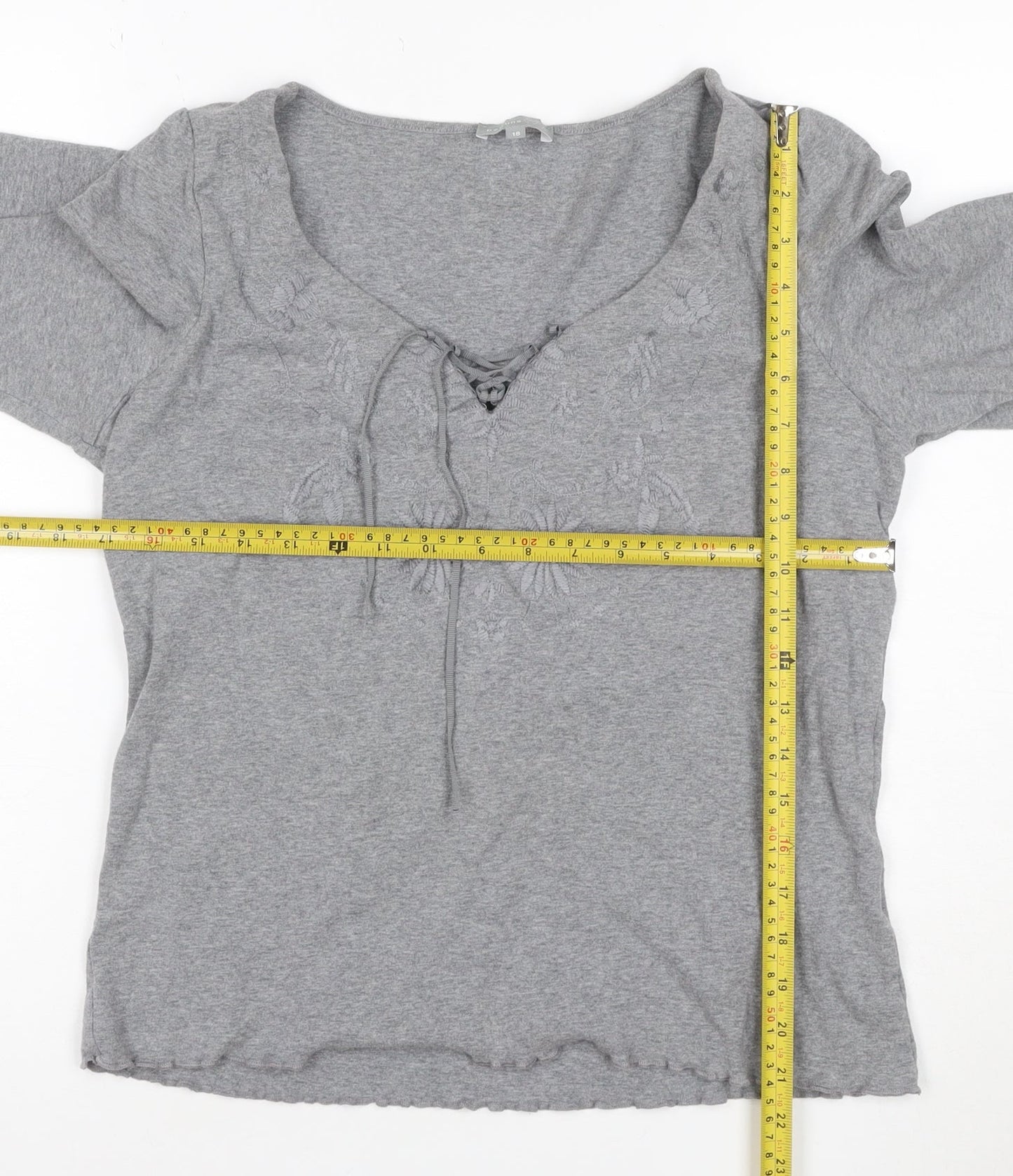 Per Una Women Grey UK 18 Embroidered Floral Lace-Up 3/4 Sleeve Blouse