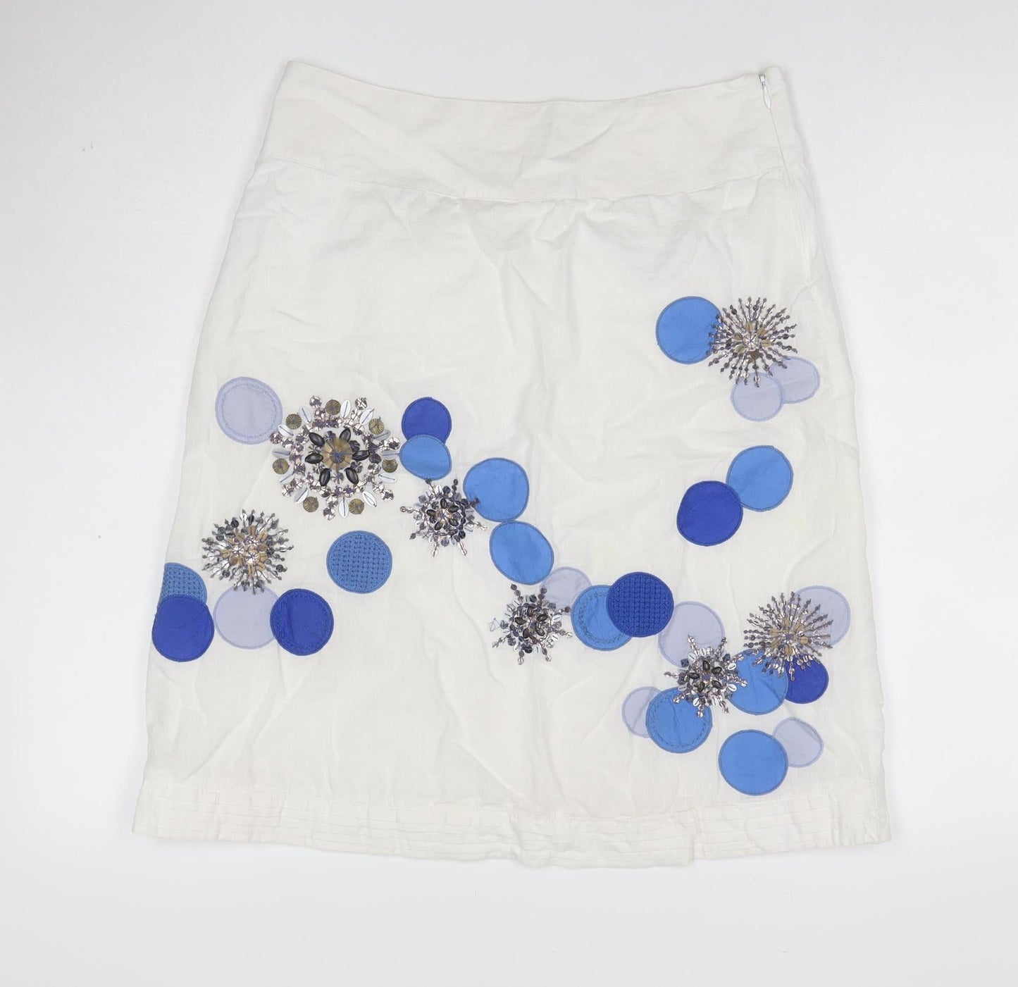 Monsoon Women White UK 12 Beaded Floral Cotton Knee Length Skirt