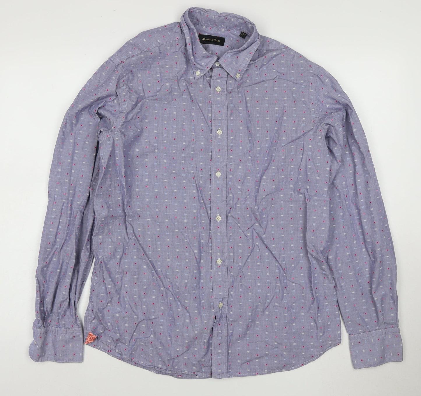 Massimo Dutti Men’s Blue L Cotton Geometric Button-Down Long Sleeve Shirt