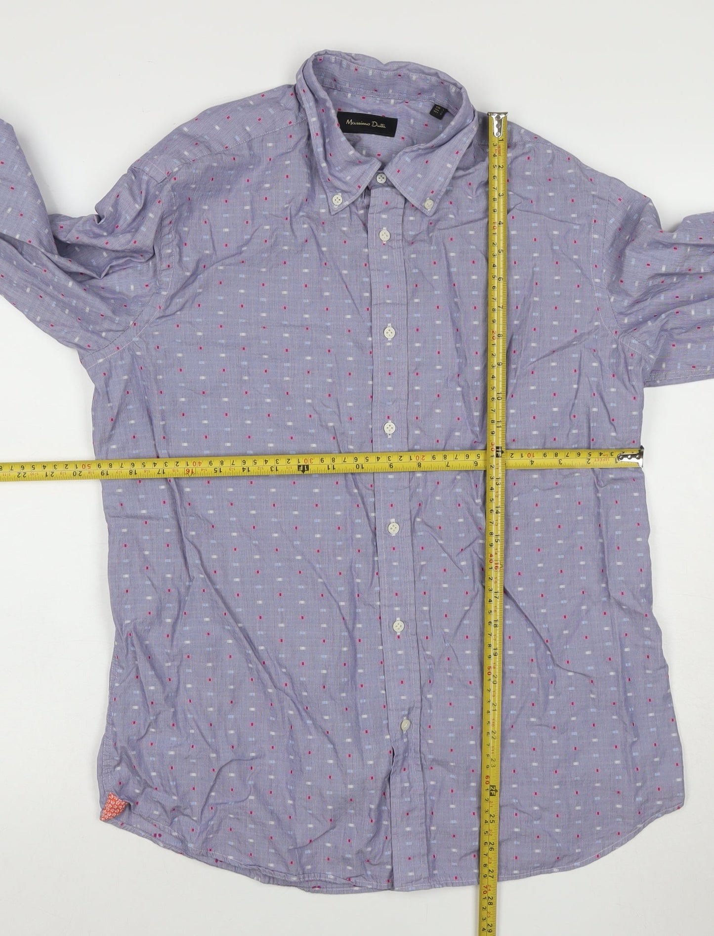 Massimo Dutti Men’s Blue L Cotton Geometric Button-Down Long Sleeve Shirt