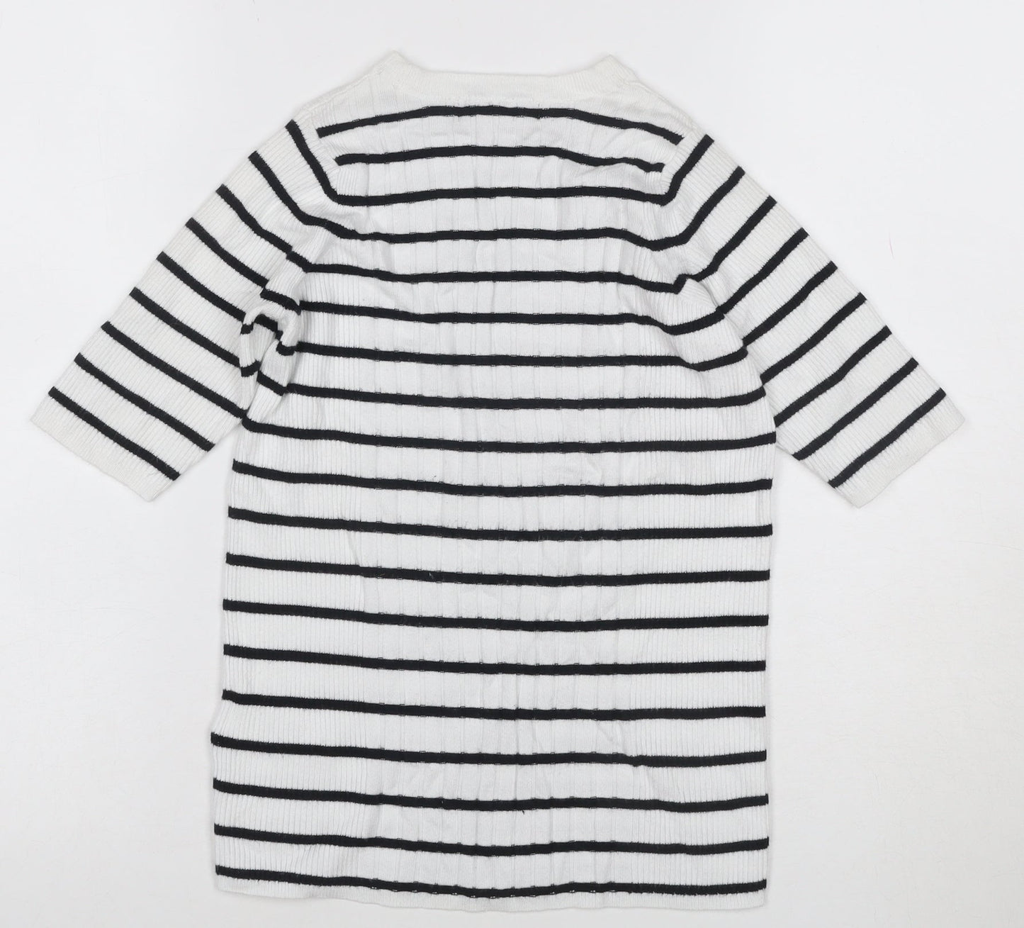 M&S Collection Women White Black Striped Rib Knit 3/4 Sleeve Top S