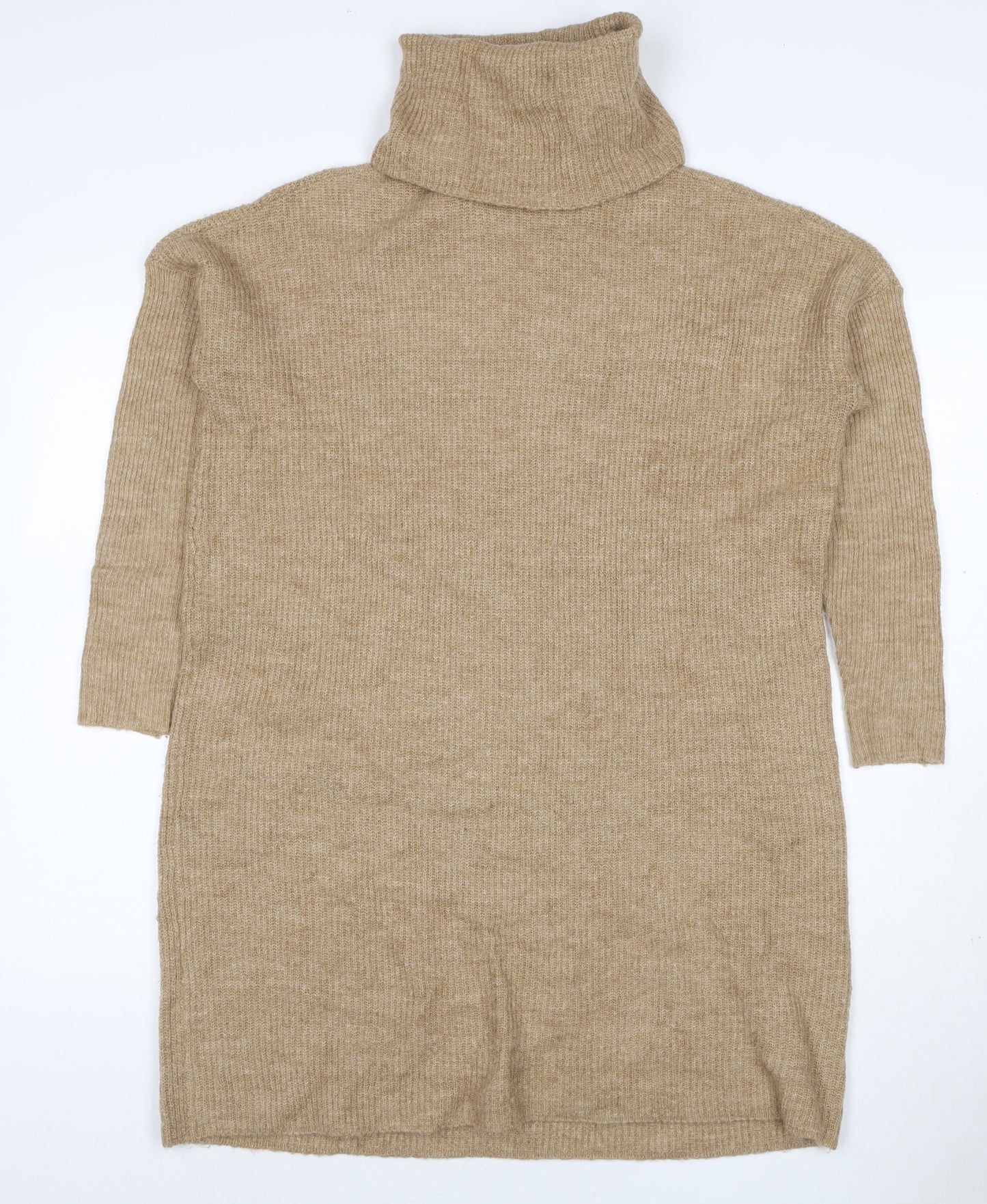 ONLY Women Beige M Alpaca Blend Roll Neck Tunic Jumper Long Sleeve
