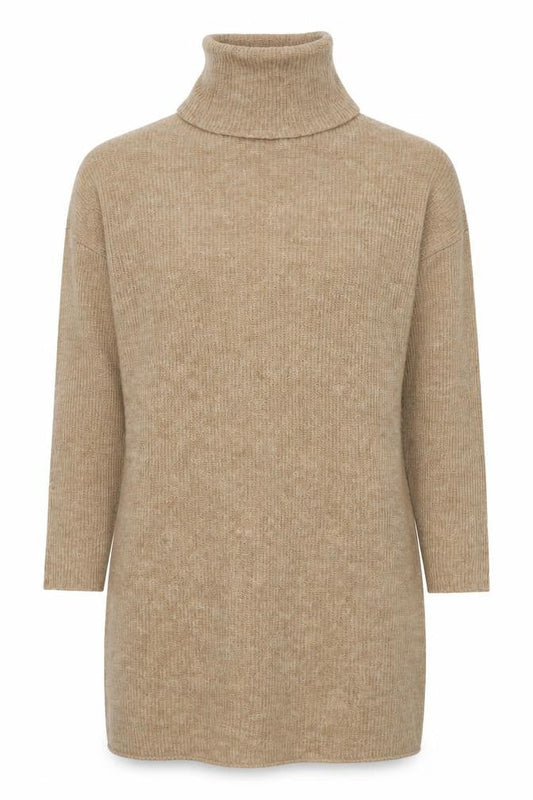 Front view of Only Women Beige M Alpaca Blend Roll Neck Tunic Jumper Long Sleeve