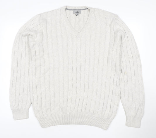 Marks and Spencer Men Ivory XL Cable-Knit V-Neck Cotton Pullover Jumper