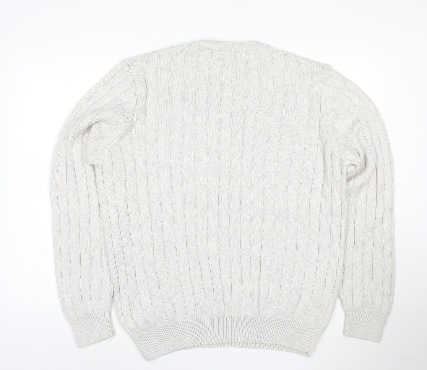 Marks and Spencer Men Ivory XL Cable-Knit V-Neck Cotton Pullover Jumper