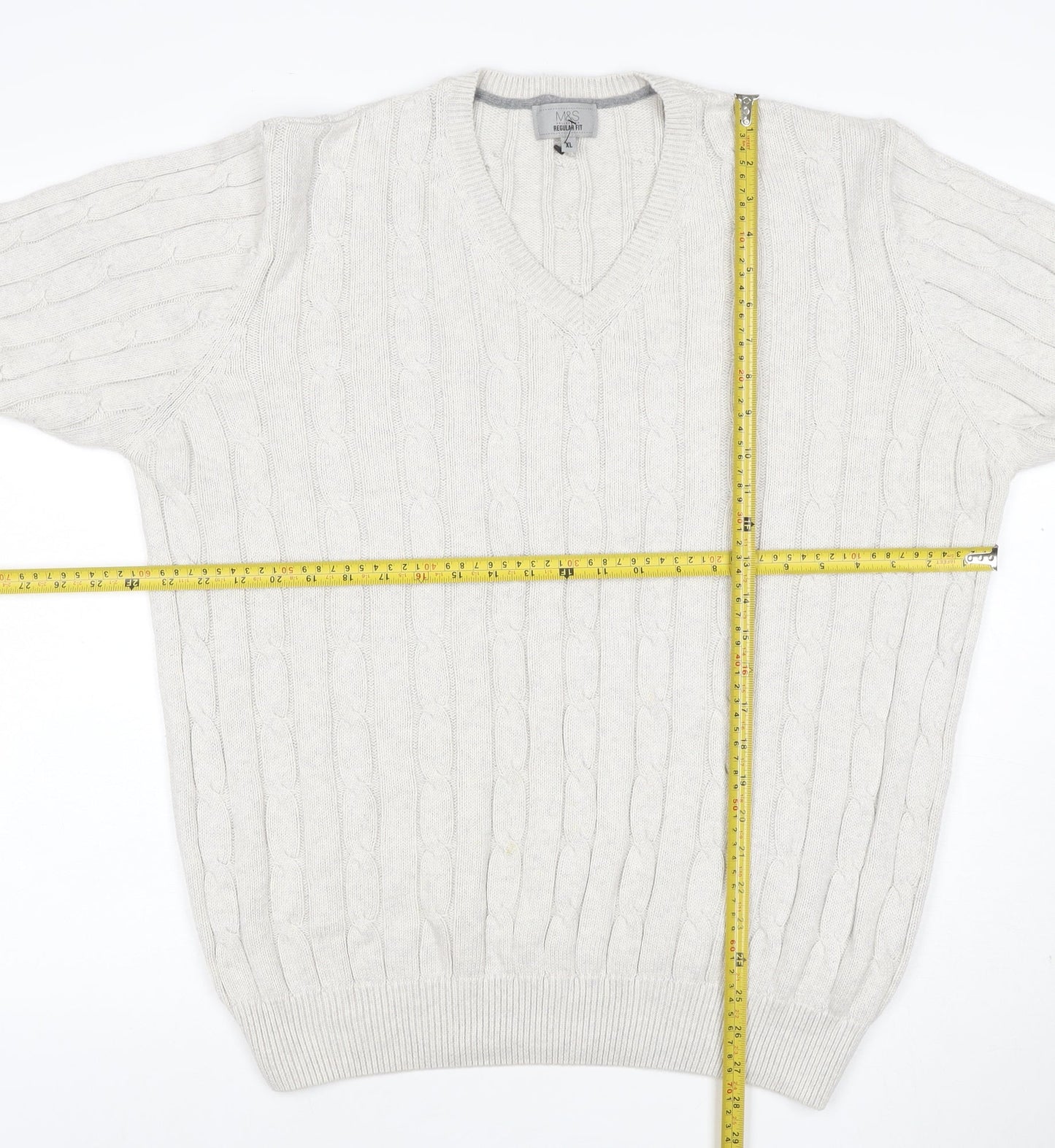 Marks and Spencer Men Ivory XL Cable-Knit V-Neck Cotton Pullover Jumper