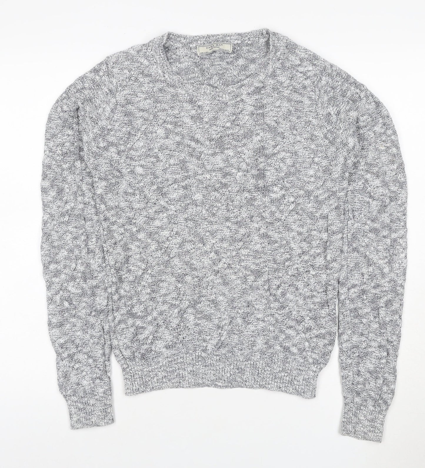 Zara Man Grey S Cable Knit Cotton Crew Neck Pullover Jumper