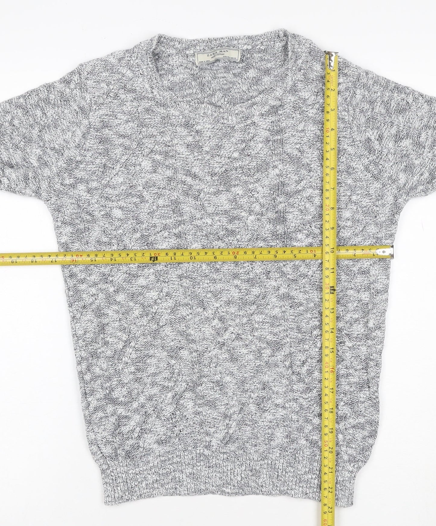 Zara Man Grey S Cable Knit Cotton Crew Neck Pullover Jumper