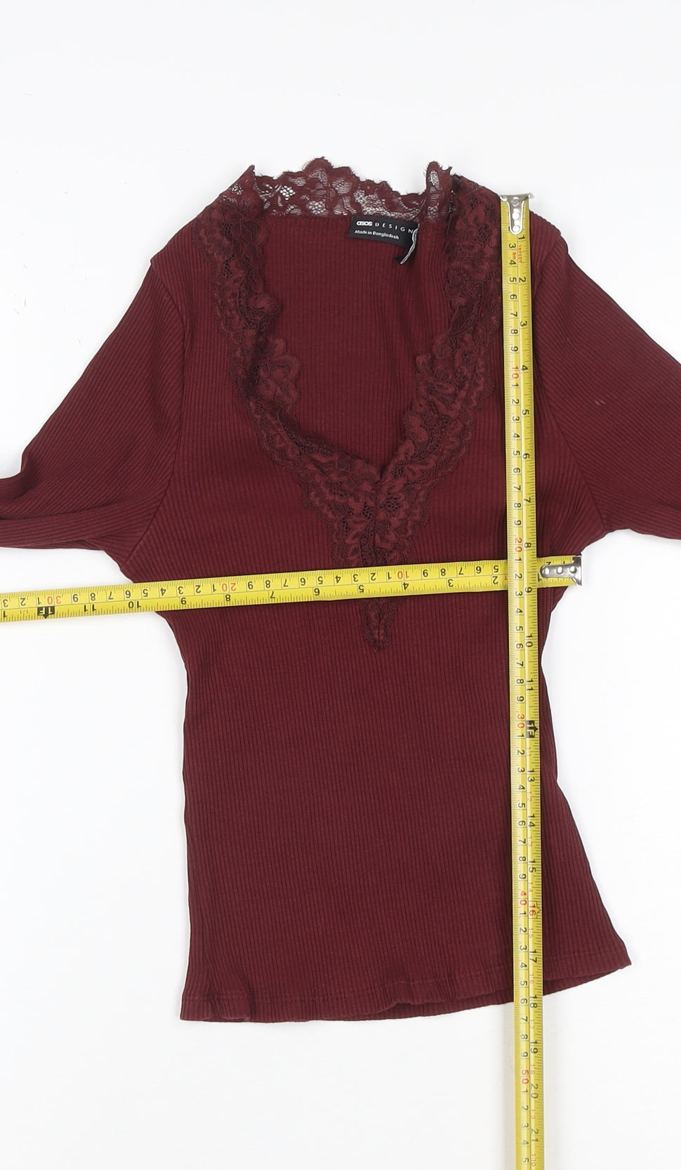 ASOS DESIGN Women Red XS Ribbed Lace V-Neck Flare Sleeve Top