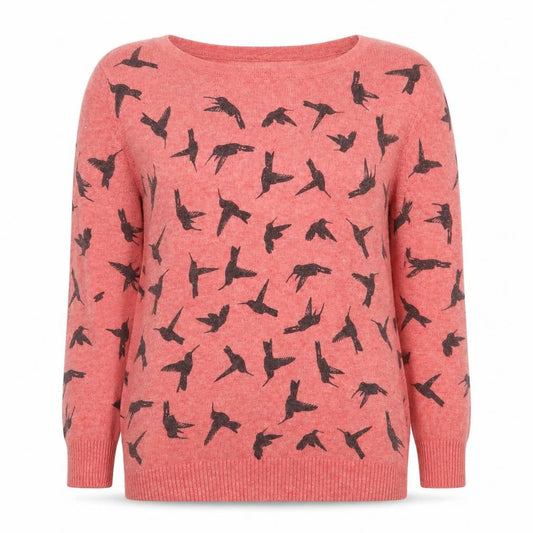 Uttam Boutique Women Pink Bird Print Wool Blend Jumper UK 10