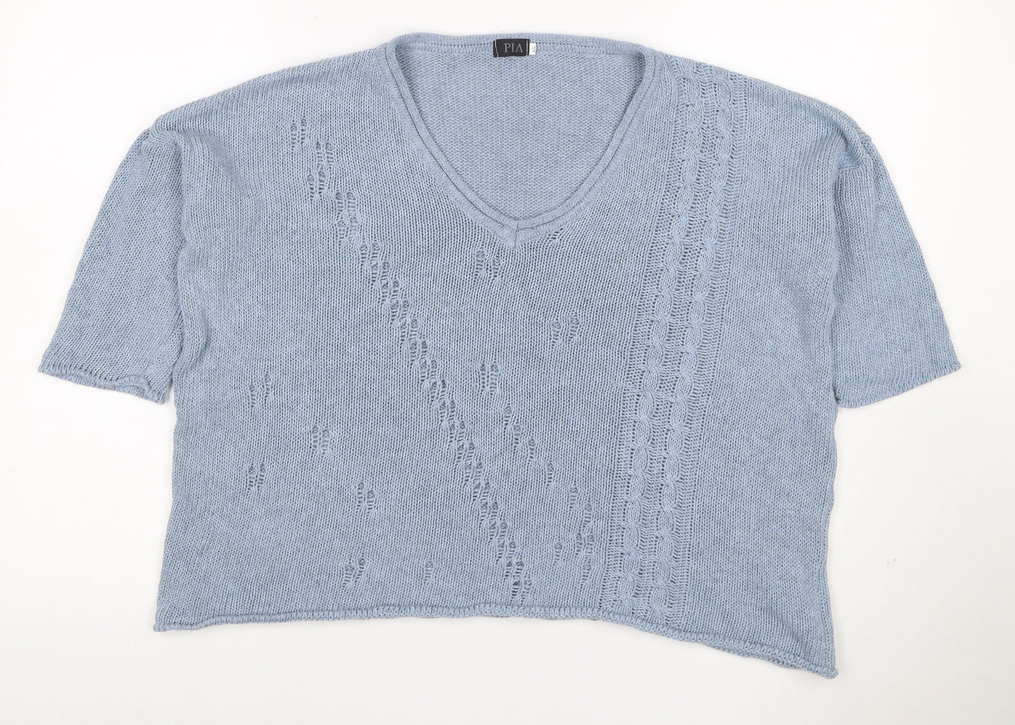 PIA Women’s Blue XS Cable Knit V-Neck Short Sleeve Pullover Jumper