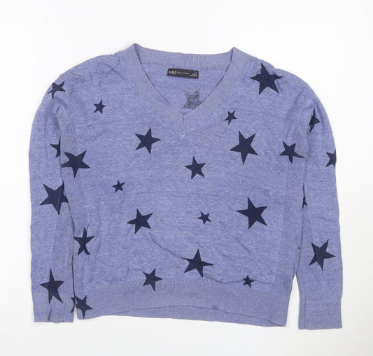 M&S Women Blue XS Star Print V-Neck Cotton Knit Jersey Top