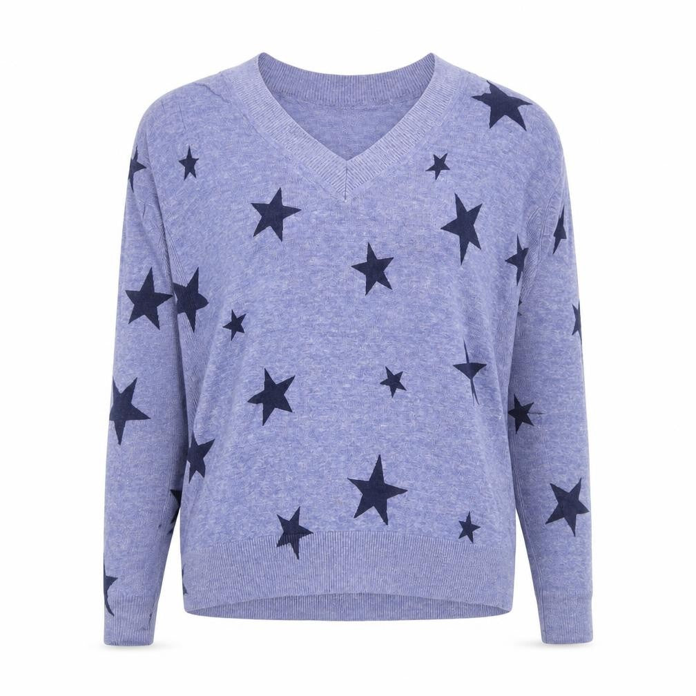Marks & Spencer Women Blue XS Star Print V-Neck Cotton Knit Jersey Top