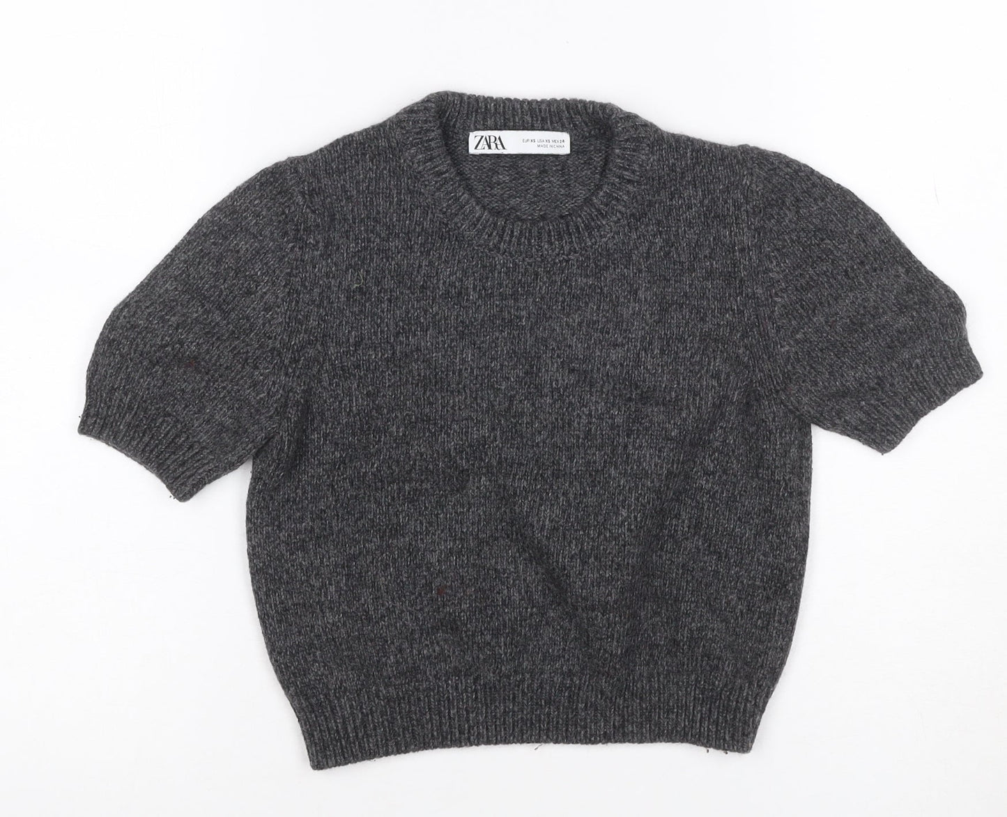 Zara Women Grey XS Short Sleeve Wool Blend Chunky Knit Crew Neck Jumper