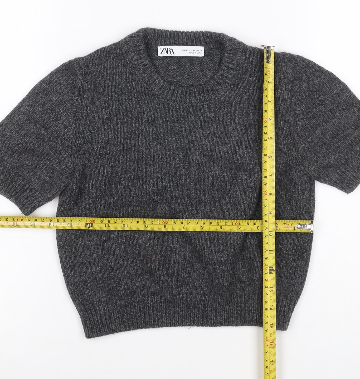 Zara Women Grey XS Short Sleeve Wool Blend Chunky Knit Crew Neck Jumper