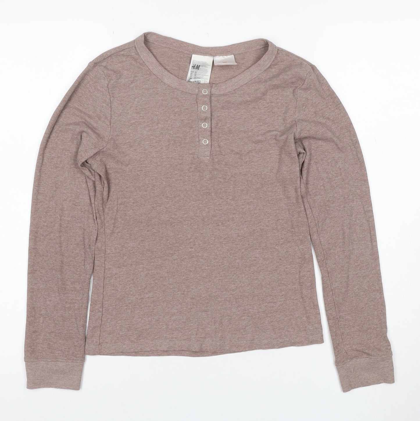 H&M Women’s Beige XS Ribbed Henley Long Sleeve Cotton Blend Jumper