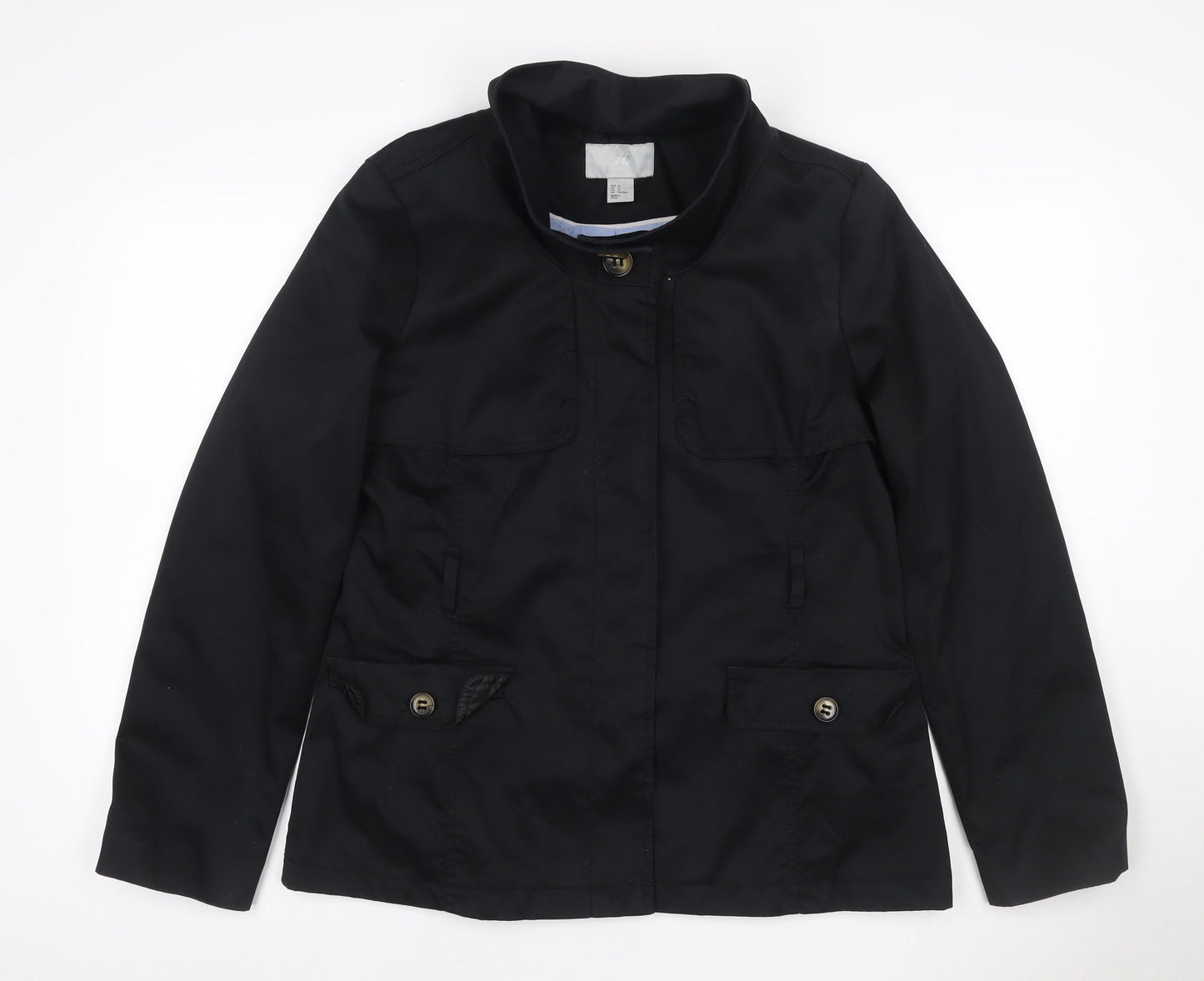 H&M Women’s Black UK 14 Military Jacket Collared Cotton Blend