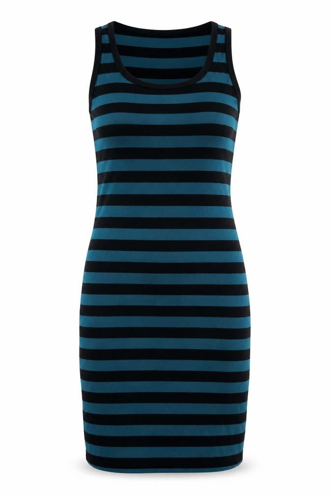 Front view of Only Women Blue Black Striped S Knee Length Tank Dress