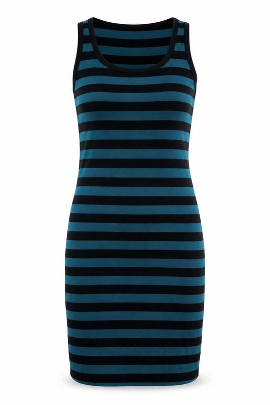 Only Women Blue Black Striped S Knee Length Tank Dress