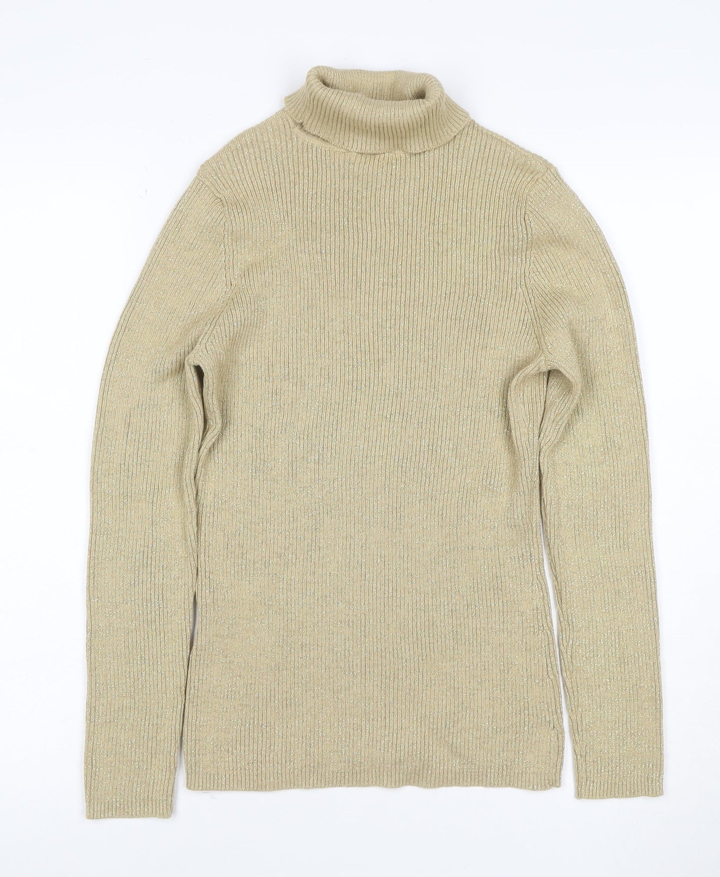 Basic Editions Women’s Beige Metallic Ribbed Roll Neck Jumper L