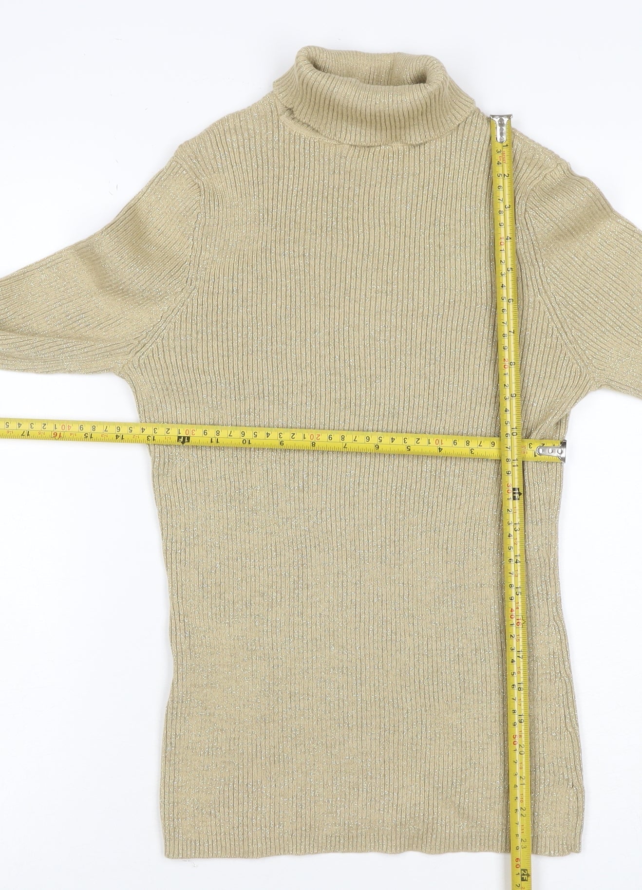 Basic Editions Women’s Beige Metallic Ribbed Roll Neck Jumper L