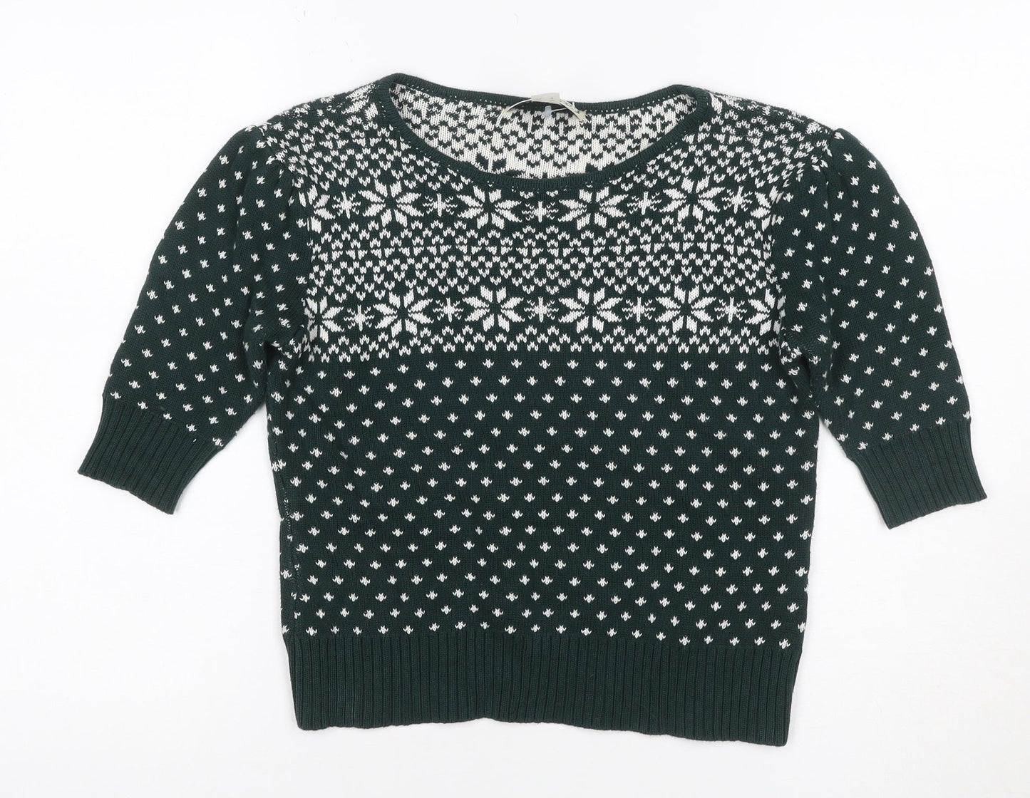 Collectif Women Green Fair Isle Christmas Jumper UK 10 Puff Sleeve